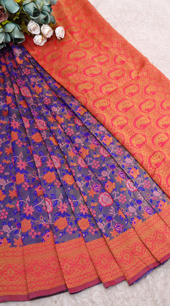Royal Violet Banarasi Soft Silk Saree with Red Zari Border and Multicolor Floral Weaves