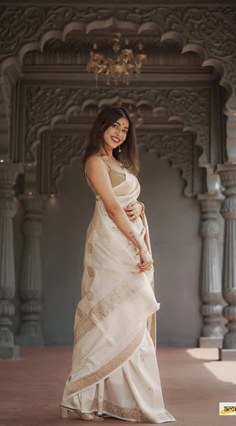 Elegant Banarasi Silk Saree with Gold Zari Embellishments Cream