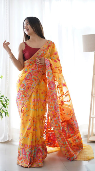 Divine Yellow Pashmina saree With Beleaguer Blouse Piece