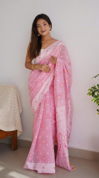 Symmetrical Baby Pink Cotton Silk Saree With Transcendent Blouse Piece