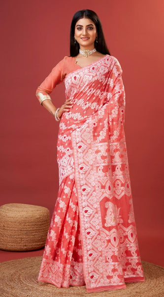 Vibrant Peach Cotton Silk Saree With Allure Blouse Piece
