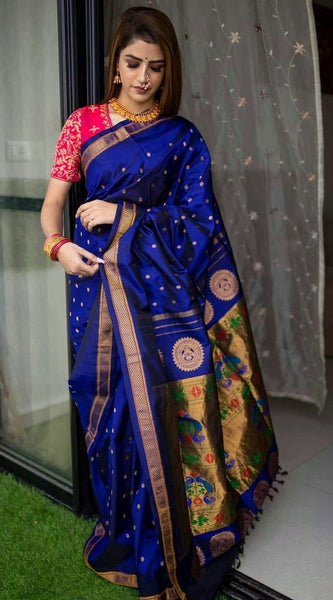 Designer Royal Blue Paithani Silk Saree With Flameboyant Blouse Piece