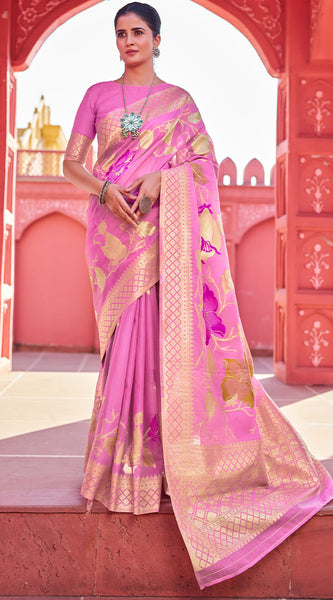 Comely Pink Cotton Silk Saree With Dalliance Blouse Piece