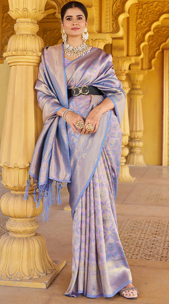 Scintillating Lavender Kanjivaram Silk Saree With Rhapsody Blouse Piece