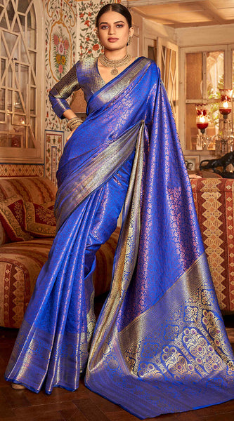 Unique Royal Blue Kanjivaram Silk Saree With Outstanding Blouse Piece