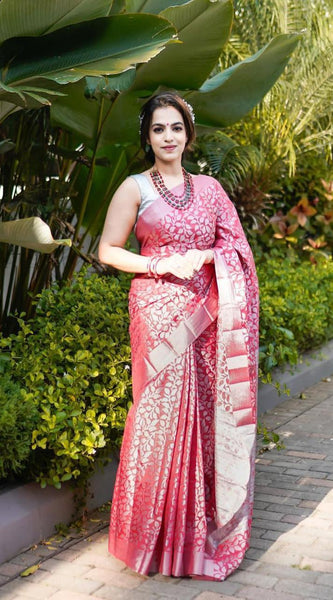 New Trend Lichi Silk Saree with Intricate Zari Weaving pink