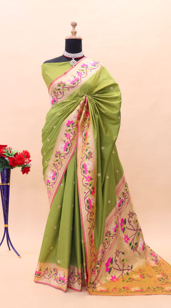 Amazing Mehndi Paithani Silk Saree With Pretty Blouse Piece