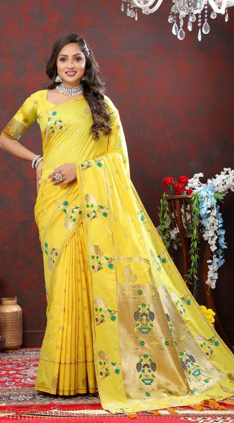 Sumptuous Lemon Paithani Silk Saree With Glamorous Blouse Piece