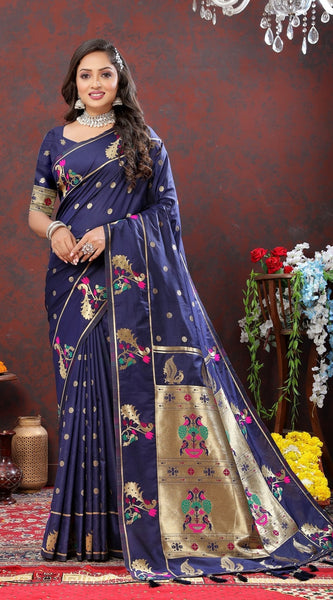 Elaborate Navy Blue Paithani Silk Saree With Quixotic Blouse Piece