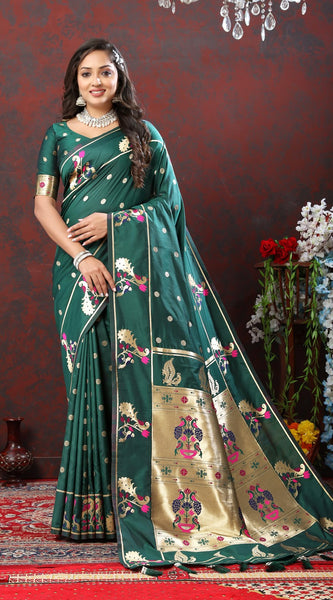 Luxuriant Rama Paithani Silk Saree With Opulent Blouse Piece