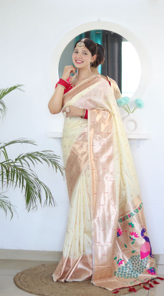 Sizzling Beige Paithani Silk Saree With Girlish Blouse Piece