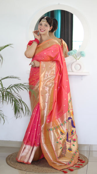 Flameboyant Peach Paithani Silk Saree With Fairytale Blouse Piece