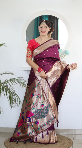Invaluable Wine Paithani Silk Saree With Mesmerising Blouse Piece