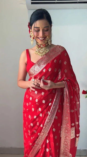 Radiant 1-Minute Ready To Wear Red Cotton Silk Saree