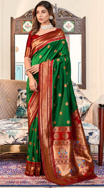 Elegant Dark Green Paithani Silk Saree With Stunning Blouse Piece
