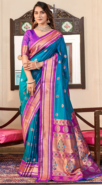 Artistic Firozi Paithani Silk Saree With Winsome Blouse Piece