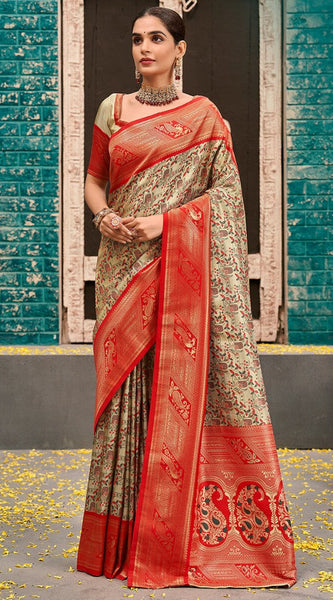 Inimitable Beige and Red Kanjivaram Silk Saree With Luminous Blouse Piece