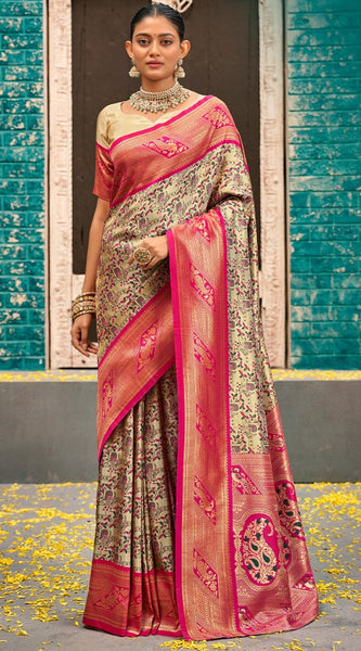 Whimsical Beige and Dark Pink Kanjivaram Silk Saree With Vibrant Blouse Piece
