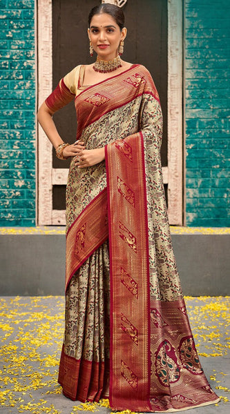 Imaginative Beige and Wine Kanjivaram Silk Saree With Unequalled Blouse Piece