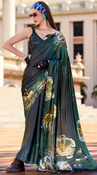 Epiphany Dark Green Digital Printed Satin Silk Saree With Palimpsest Blouse Piece