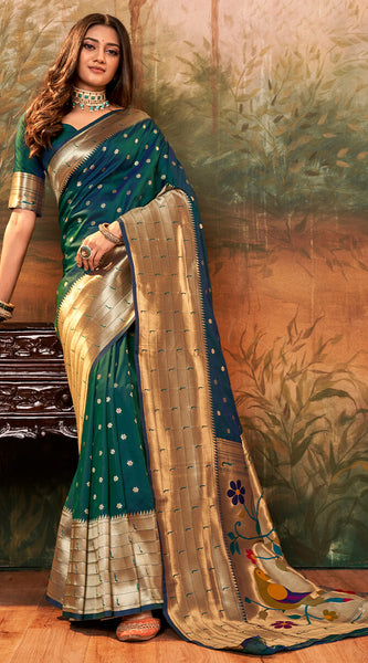 Prominent Dark Green Paithani Silk Saree With Ethnic Blouse Piece