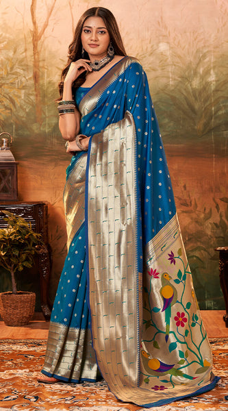 Flameboyant Blue Paithani Silk Saree With Bewitching Blouse Piece