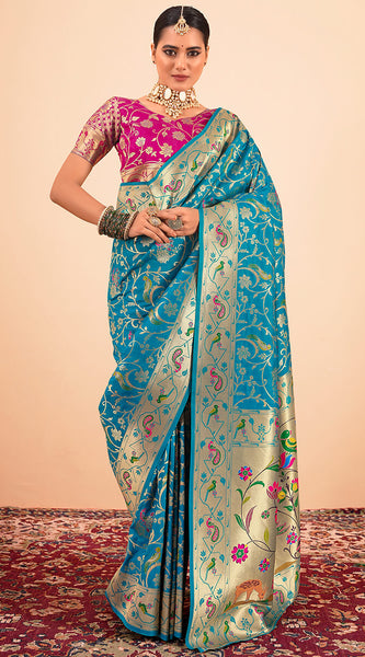 Capricious Firozi Paithani Silk Saree With Girlish Blouse Piece