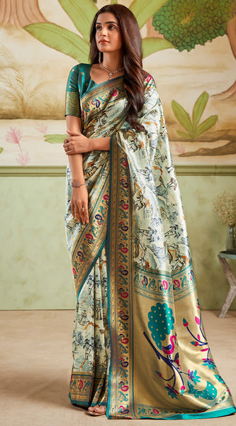 Imaginative Pista Paithani Silk Saree With Exuberant Blouse Piece