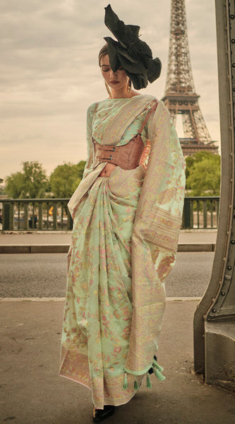 Stunning Pista Kashmiri Model Organza Silk Saree With Precious Blouse Piece