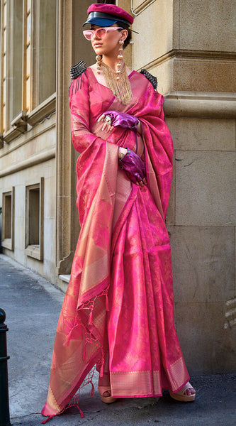 Stylish Dark Pink Organza Silk Saree With Smart Blouse Piece