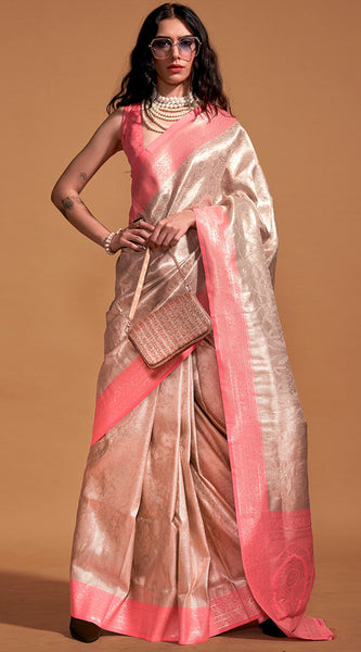 Seraglio Beige and Pink Kanjivaram Silk Saree With Profuse Blouse Piece