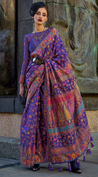 Demanding Royal Blue Pashmina Saree With Jazzy Blouse Piece