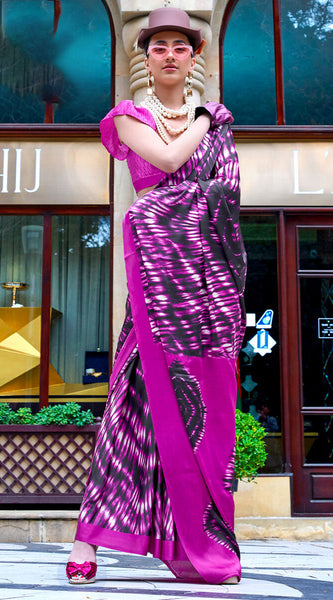 Dulcet Purple Digital Printed Satin Silk Saree With Ethereal Blouse Piece