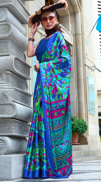 Refreshing Blue Digital Printed Satin Silk Saree With Energetic Blouse Piece
