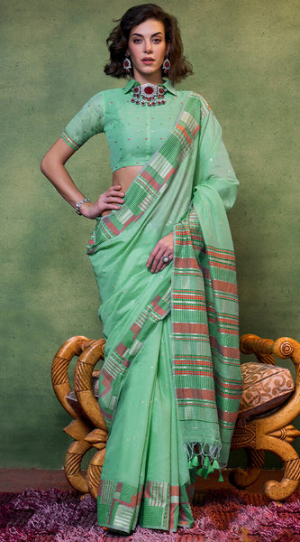Trendy Sea Green Cotton Silk Saree With Sizzling Blouse Piece