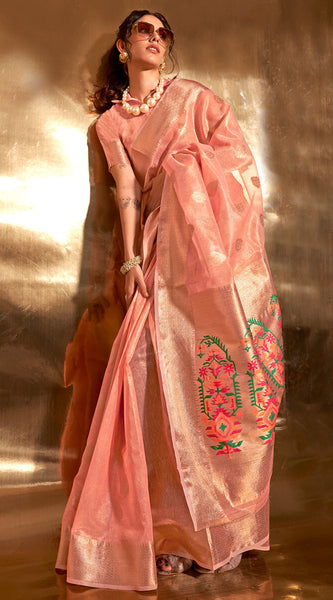 Exceptional Peach Paithani Silk Saree With Arresting Blouse Piece