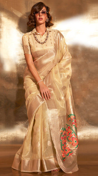 Intricate Beige Paithani Silk Saree With Capricious Blouse Piece
