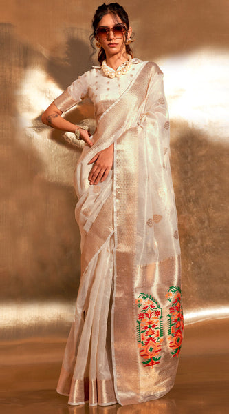 Alluring Off White Paithani Silk Saree With Pretty Blouse Piece
