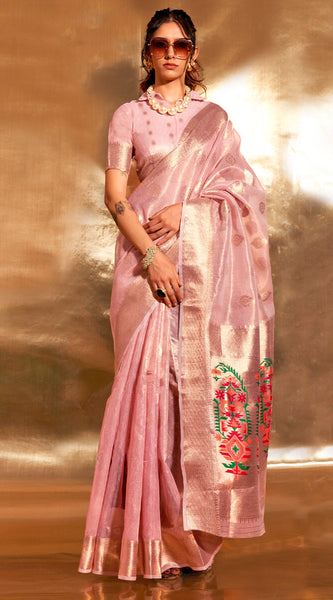 Bucolic Pink Paithani Silk Saree With Mellifluous Blouse Piece
