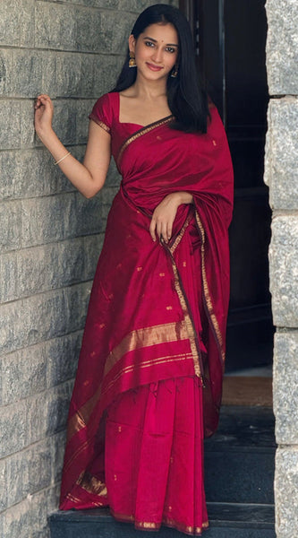 Deserving Dark Pink Cotton Silk Saree With Gorgeous Blouse Piece