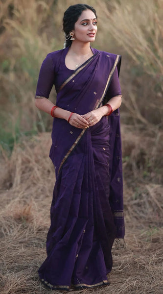 Pleasurable Purple Cotton Silk Saree With Imaginative Blouse Piece