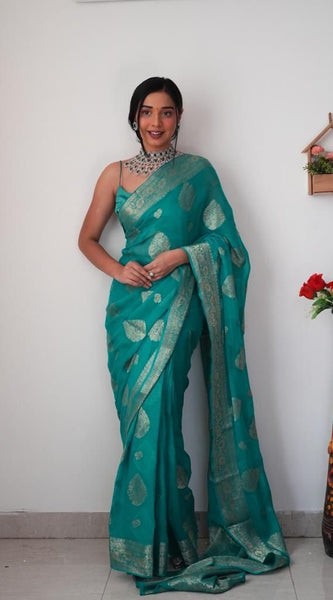 Trendy 1-Minute Ready To Wear Sea Green Soft Silk Saree