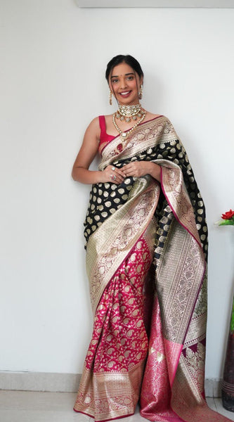 Attractive 1-Minute Ready To Wear Black Soft Silk Saree