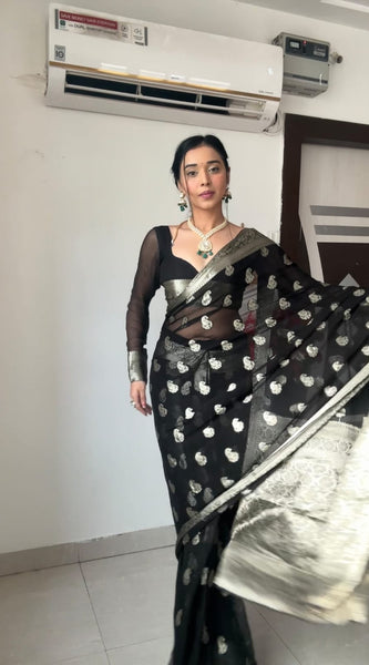 Most Stunning 1-Minute Ready To Wear Black Cotton Silk Saree