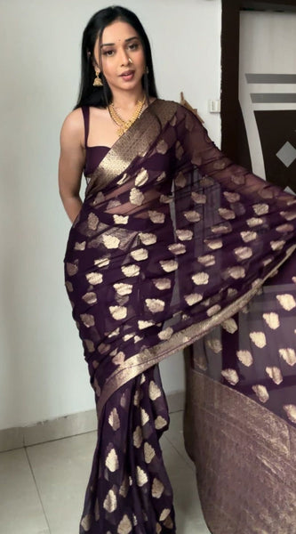 Whimsical 1-Minute Ready To Wear Dark Purple Cotton Silk Saree
