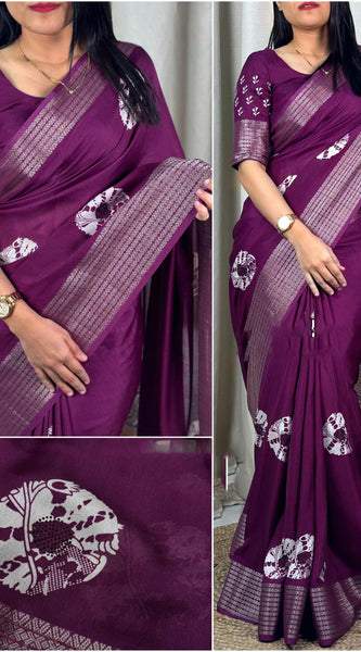 Woebegone Purple Digital Printed Dola Silk Saree With Incredible Blouse Piece