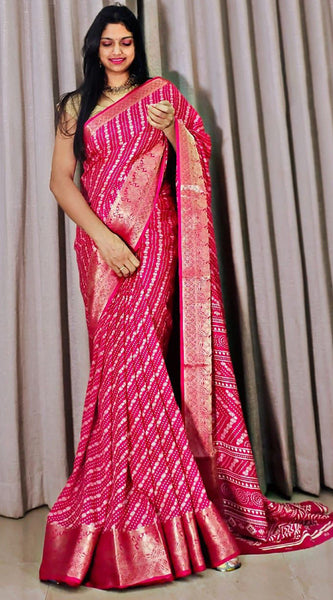 Impressive Dark Pink Digital Printed Dola Silk Saree With Pleasant Blouse Piece