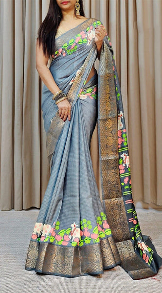 Transcendent Grey Digital Printed Dola Silk Saree With Proficient Blouse Piece
