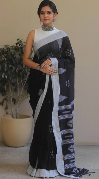 Petrichor Black Cotton Silk Saree With Traditional Blouse Piece