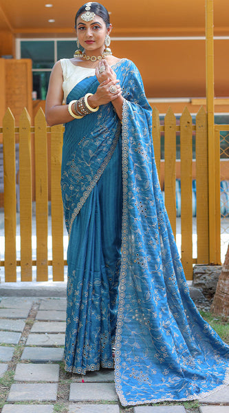 Marvellous Firozi Embroidery Work Soft Silk Saree With Classy Blouse Piece